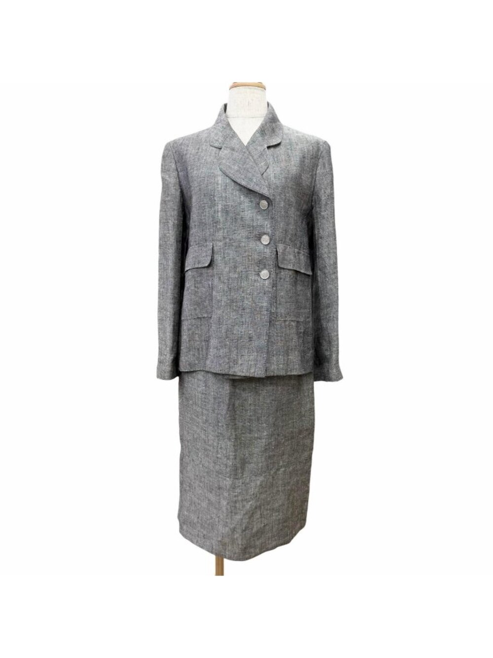 Chanel Vintage Linen Silk CC Logo Button Skirt Suit Set Gray 38